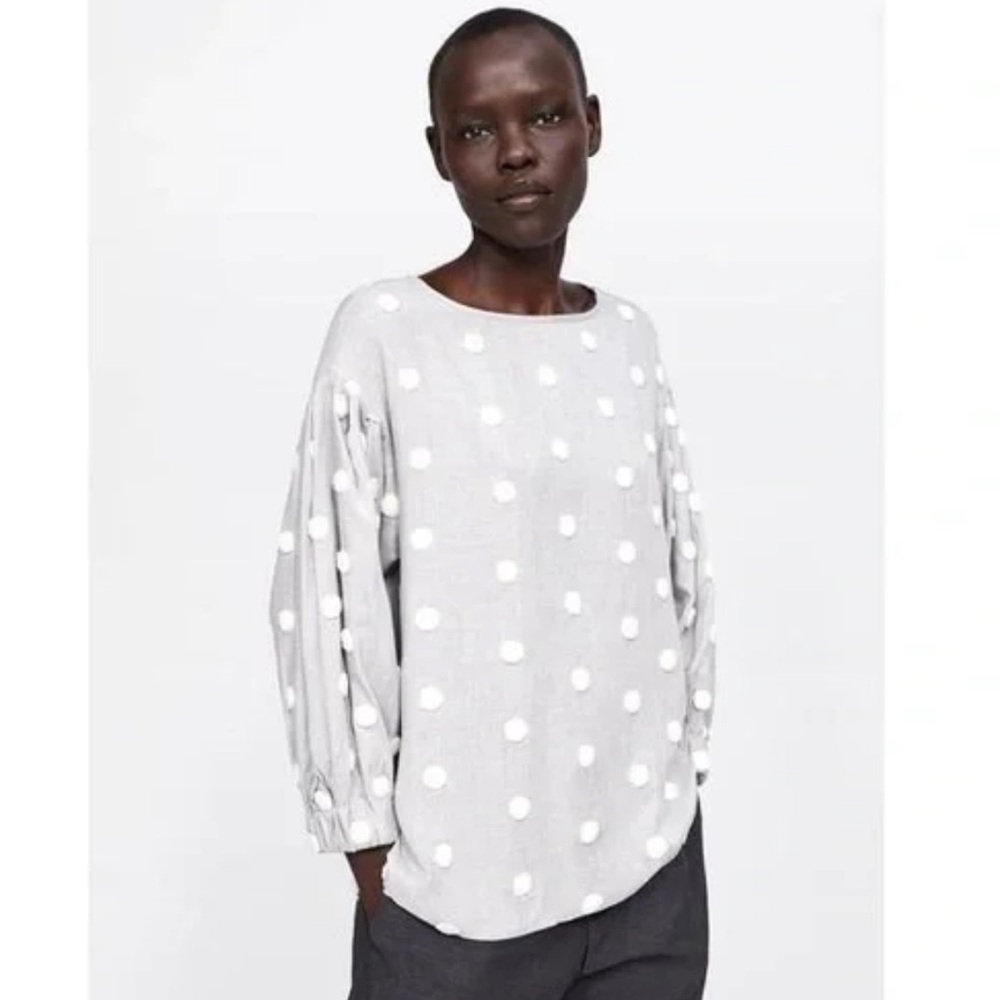 Zara Gray Puff Sleeve Top with White Polka Dots